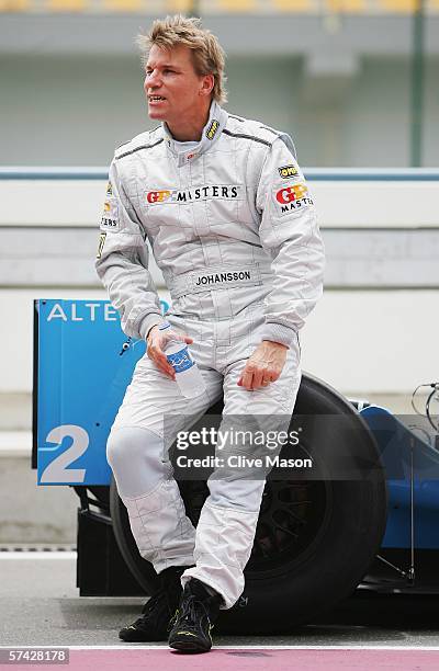 Stefan Johansson of Sweden in the pit lane after free practice ahead of the Grand Prix Masters race at the Losail International Circuit on April 26...