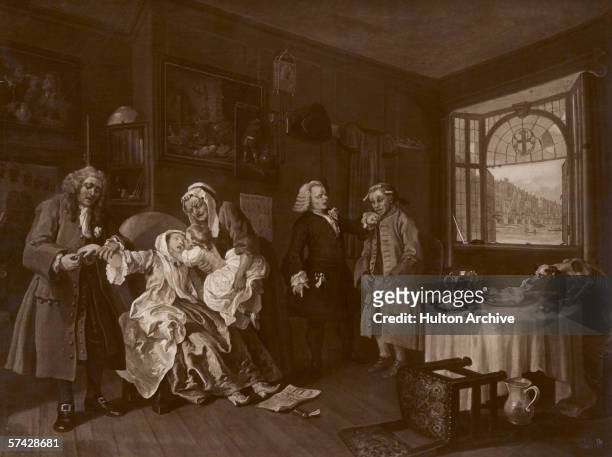 The sixth and last in the series 'Marriage A La Mode' by William Hogarth, satirising the mercenary marriage practices of the British upper classes,...