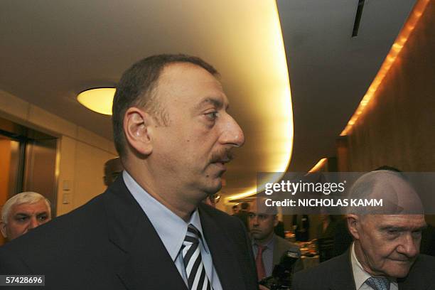 Washington, UNITED STATES: Azerbaijani President Ilham Aliyev arrives to speak to the Council on Foreign Relations with former US National Security...