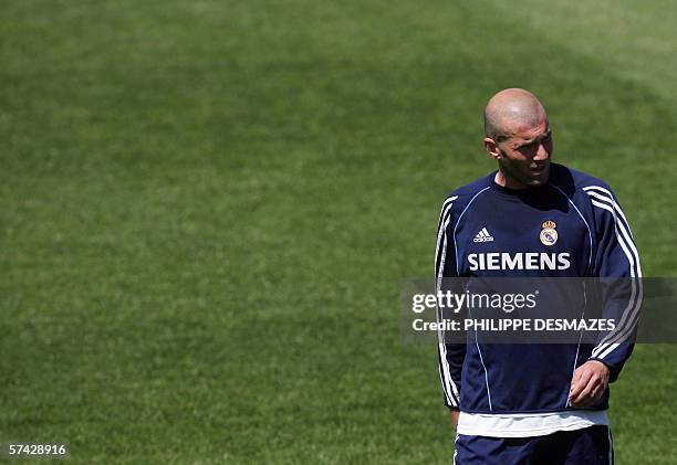 Real Madrid's French playmaker Zinedine Zidane is seen at a training session in Madrid prior to announcing his retirement from Real Madrid and the...
