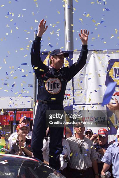 Rusty Wallace celebrates winning the NAPA Auto Parts 500 at the California Speedway in Fontana, California. DIGITAL IMAGE Mandatory Credit: Jonathan...