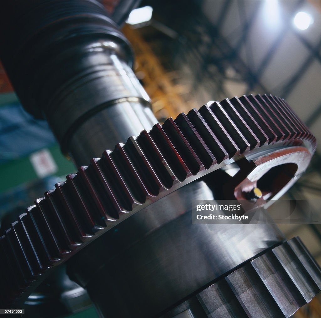 Close-up of a gear wheel mounted on a shaft