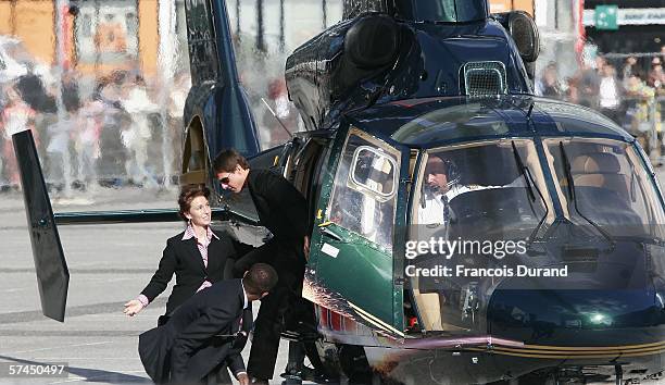 American actor Tom Cruise arrives by helicopter at the "Mission: Impossible III" French Premiere on April 26, 2006 in La Defense, outside Paris,...