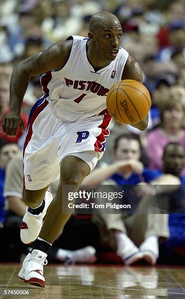 Chauncey Billups of the Detroit Pistons moves the ball in game one of the Eastern Conference Quarterfinals against the Milwaukee Bucks during the...