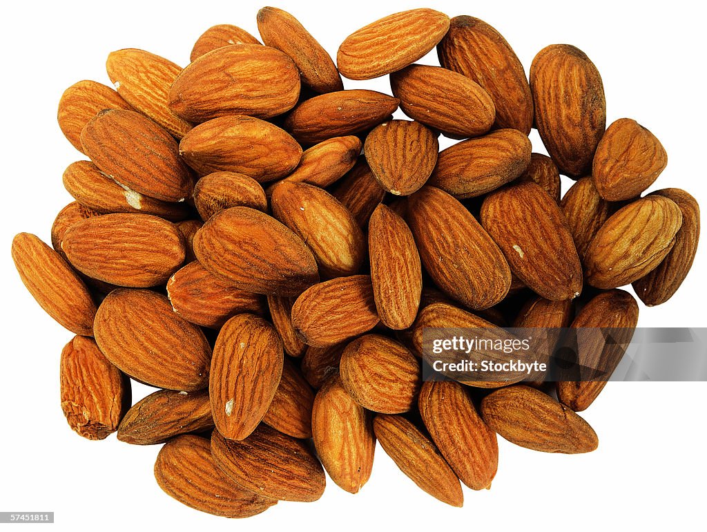 Close-up of unpeeled almonds