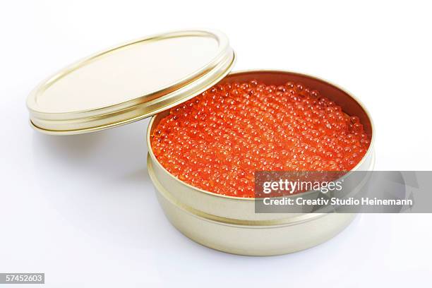 trout caviar in container - kaviar stock-fotos und bilder