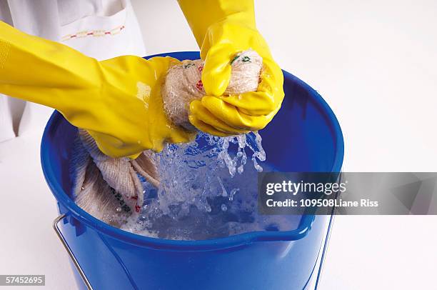 woman wringing out cleaning rag, elevated view - washing up glove bildbanksfoton och bilder