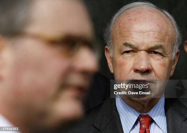 Former Enron chairman Kenneth Lay listens as attorney George Secrest comments on the day's proceedings at the Bob Casey U.S. Courthouse during Lay's...