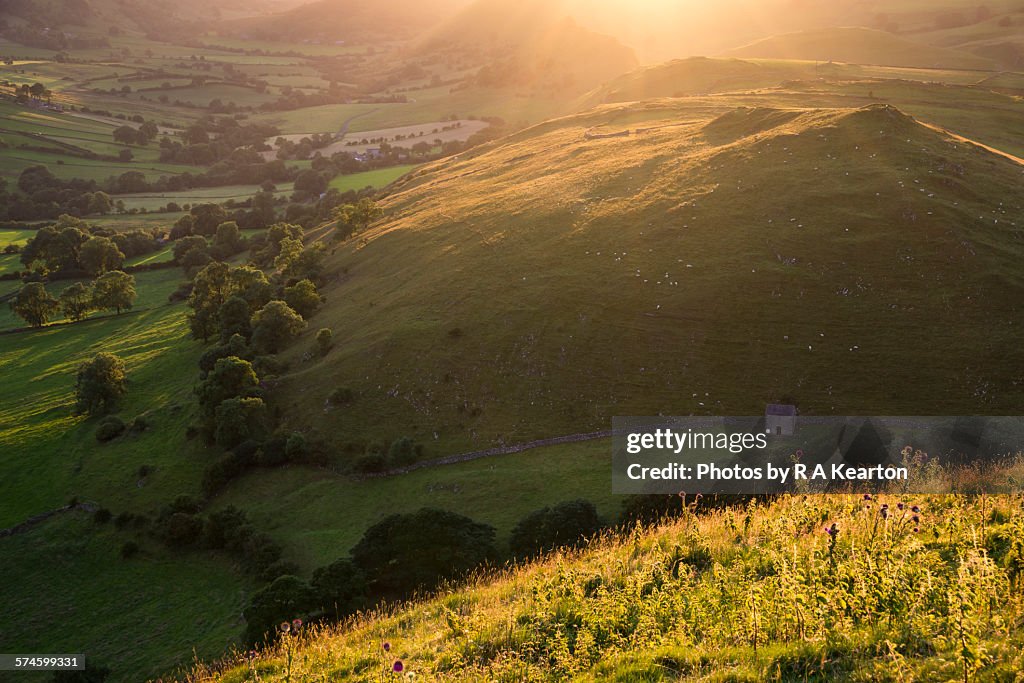 Golden sunlight in the Peak District hills