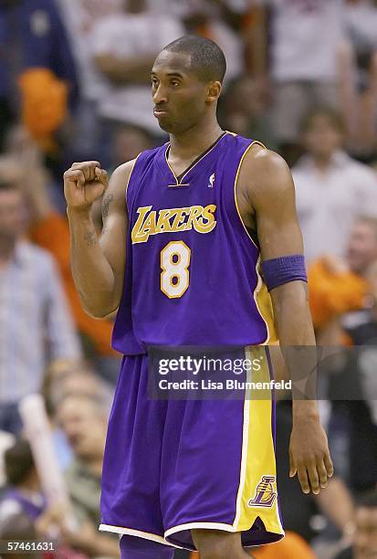 Kobe Bryant of the Los Angeles Lakers pumps his fist in the second half of game two against the Phoenix Suns in the Western Conference Quarterfinals...
