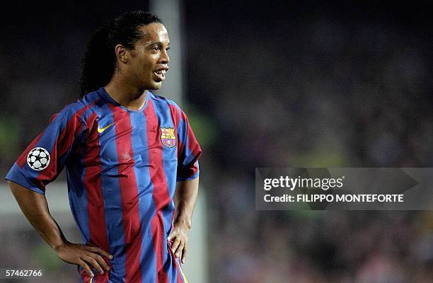 Barcelona's Brazilian Ronaldinho smiles during a Champions League semi-final second leg football match against AC Milan at the Camp Nou stadium in...