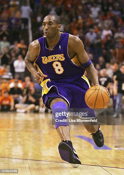Kobe Bryant of the Los Angeles Lakers drives upcourt in game two against the Phoenix Suns in the Western Conference Quarterfinals during the 2006 NBA...