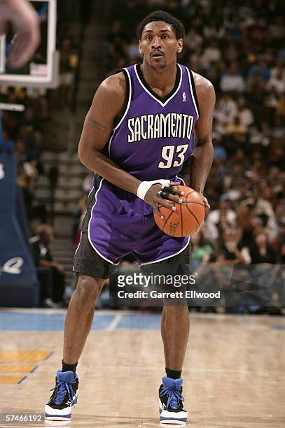 Ron Artest of the Sacramento Kings controls the ball against the Denver Nuggets during the game at Pepsi Center on April 15, 2006 in Denver,...