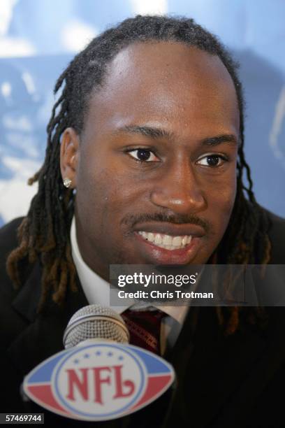 Tight end Vernon Davis of the University of Maryland is interviewed by the media during the NFL Draft Luncheon at Chelsea Piers on April 27, 2006 in...