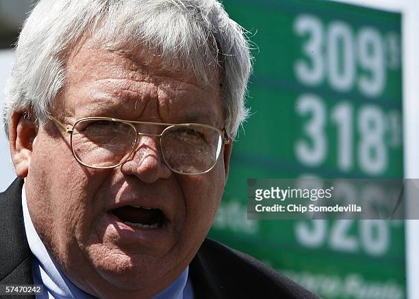 Speaker of the House Dennis Hastert holds a news conference about the current price of gasoline at a BP station on Capitol Hill April 27, 2006 in...