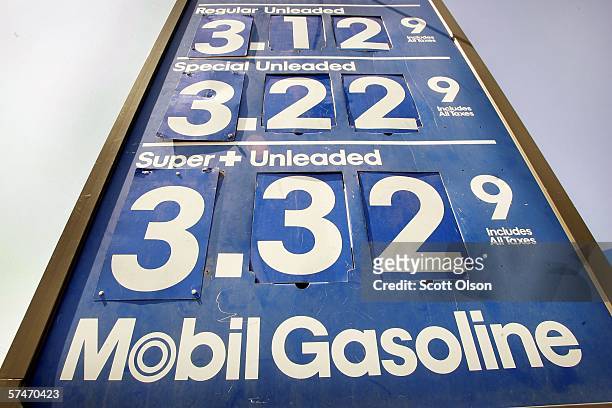 Sign displays gasoline prices at a Mobil gas station April 27, 2006 in Chicago, Illinois. Exxon Mobil Corp., the parent company of Mobil and the...