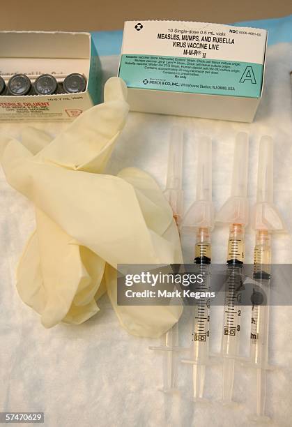 Syringes containing the mumps, measles and rubella vaccine are ready at the University of Iowa Student Health Service April 27, 2006 in Iowa City,...