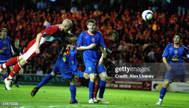Massimo Maccarone of Middlesborough scores the winning goal during the UEFA Cup Semi Final, second leg match between Middlesbrough and Steaua...