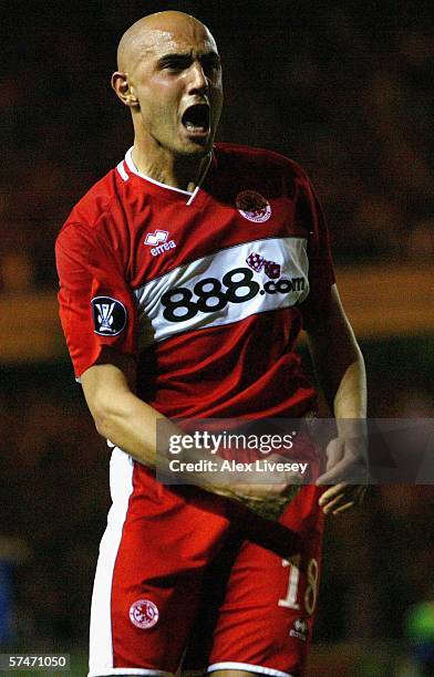 Massimo Maccarone of Middlesbrough celebrates scoring the winning goal during the UEFA Cup Semi Final, second leg match between Middlesbrough and...