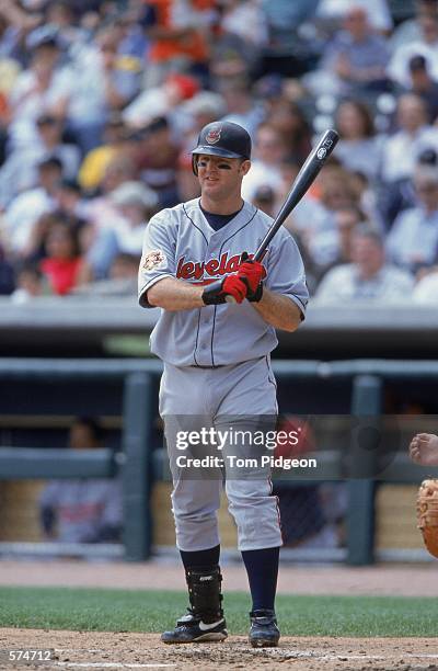 Jim Thome of the Cleveland Indians warms up at the plate during the game against the Detroit Tigers at Comerica Park in Detroit, Michigan. The Tigers...