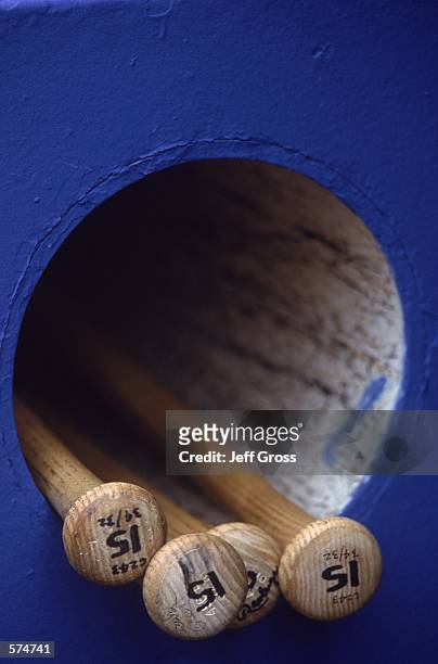 General view of some bats in a cubbyhole during the game between the Los Angeles Dodgers and the Arizona Diamondbacks at Dodger Stadium in Los...