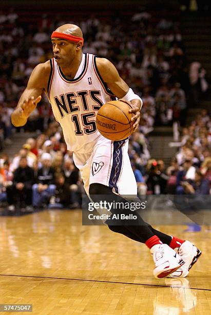 Vince Carter of the New Jersey Nets drives from the outside in game one of the Eastern Conference Quarterfinals against the Indiana Pacers during the...