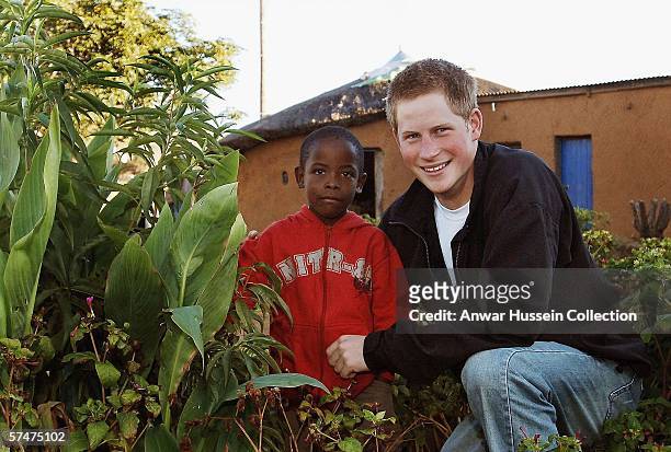 Prince Harry, with old friend Mutsu Potsane, inspects the Peach Tree that they planted in the grounds of the Mants'ase childrens home, in March 2004...