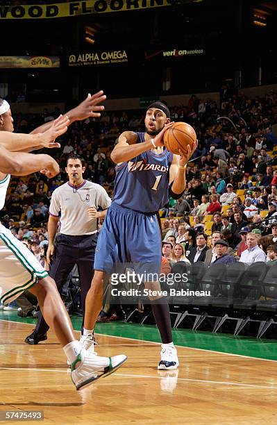 Jared Jeffries of the Washington Wizards looks to pass against the Boston Celtics during the game at the TD Banknorth Garden on April 5, 2006 in...
