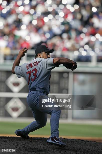 Ricardo Rincon of the St. Louis Cardinals pitches during the game against the Philadelphia Phillies at Citizens Bank Park on April 6, 2006 in...