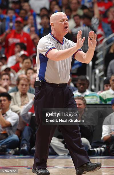 Referee Joe Crawford makes a call in game two of the Western Conference Quarterfinals between the Denver Nuggets and the Los Angeles Clippers, during...