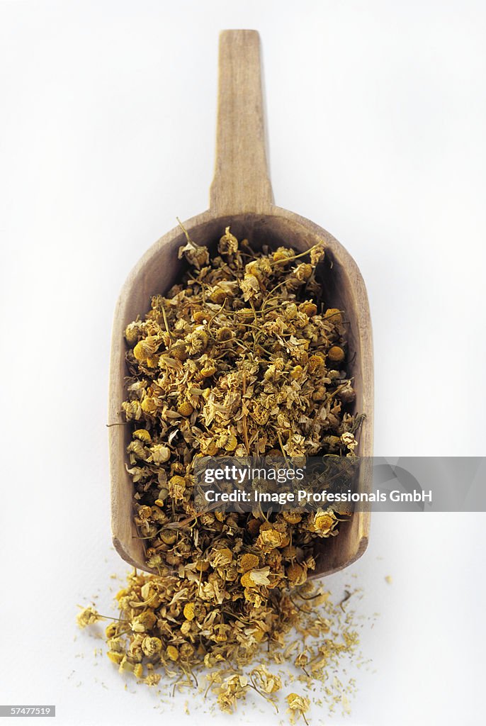 Dried Chamomile Blossoms in Wooden Scoop