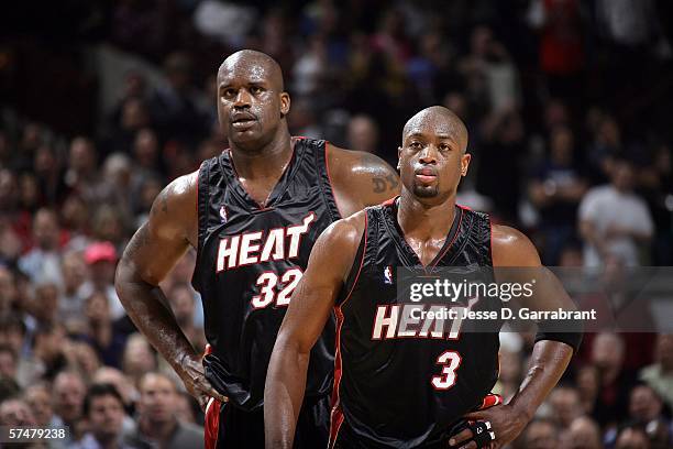 Shaquille O'Neal and Dwyane Wade of the Miami Heat against the Chicago Bulls in game three of the Eastern Conference Quarterfinals during the 2006...