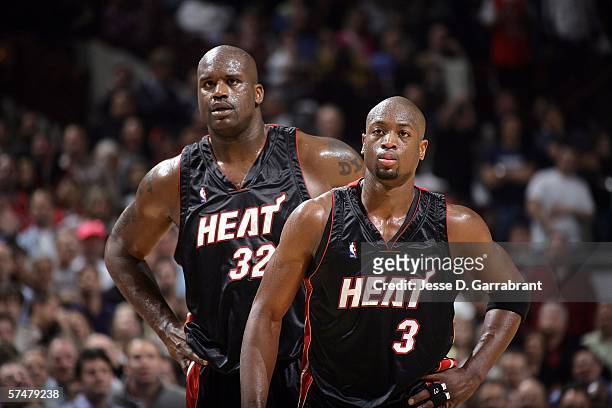 Shaquille O'Neal and Dwyane Wade of the Miami Heat against the Chicago Bulls in game three of the Eastern Conference Quarterfinals during the 2006...