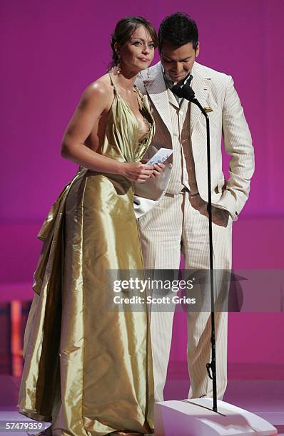 Gabriela Spanic and Victor Manuelle appear onstage during the 2006 Billboard Latin Music Awards at the Seminole Hard Rock Hotel & Casino on April 27,...