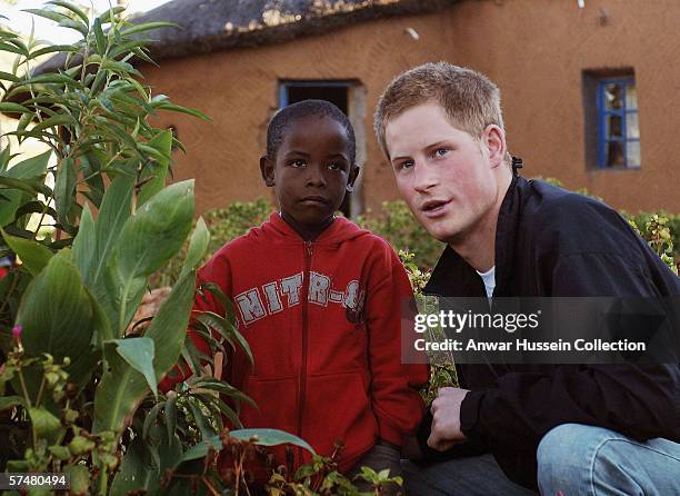 Prince Harry and Mutsu Potsane inspect the Peach Tree that they planted, on March 2004, in the grounds of the Mants'ase childrens home while on a...