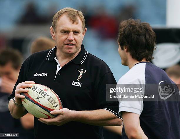 Dean Richards the Harlequins Director of Rugby looks on as his team warm up prior to the National League Division 1 match between NEC Harlequins and...