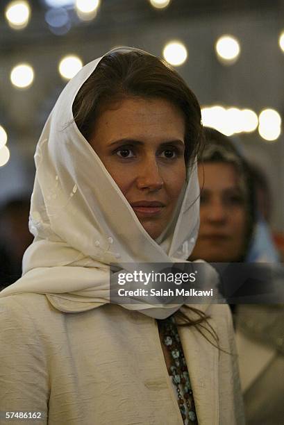 Asma al-Assad, wife of Syrian President Bashar al-Assad, poses during a visit to the Sultan Ahmed Mosque on April 28, 2006 in Istanbul, Turkey.