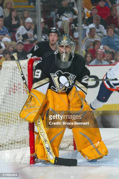 Goaltender Marc-Andre Fleury of the Pittsburgh Penguins looks on during the game against the New York Islanders on April 17, 2006 at the Mellon Arena...