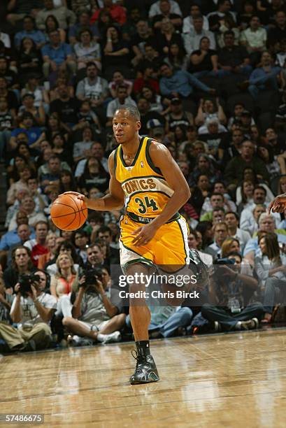 Ray Allen of the Seattle Sonics drives against the San Antonio Spurs during the game at AT&T Center on April 11, 2006 in San Antonio, Texas. The...