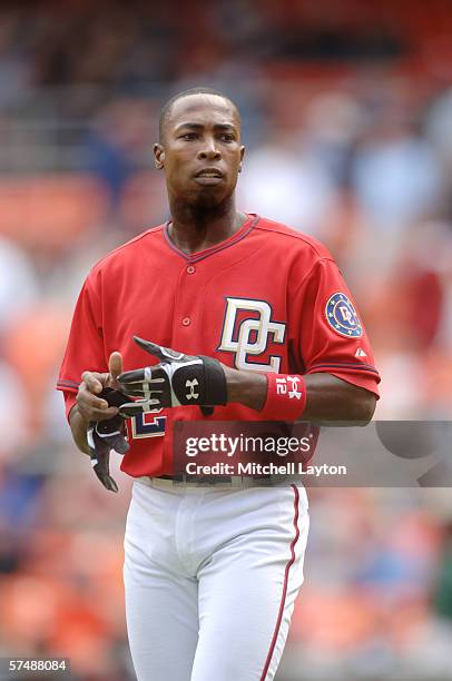 Alfonso Soriano of the Washington Nationals looks on during a baseball game against the Cincinnati Reds on April 26, 2006 at RFK Stadium in...