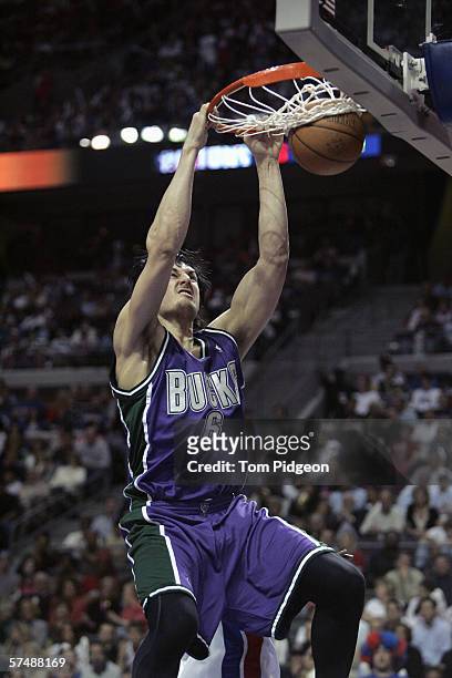 April 26: Andrew Bogut of the Milwaukee Bucks dunks in game two of the Eastern Conference Quarterfinals against the Detroit Pistons during the 2006...