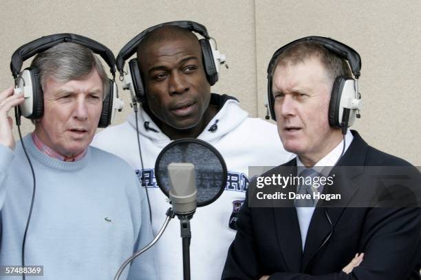 Members of the 1966 England World Cup team Sir Geoff Hurst and Martin Peters and British boxer Frank Bruno are filmed for the video to accompany an...