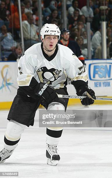 Konstantin Koltsov of the Pittsburgh Penguins skates during the game against the New York Islanders on April 15, 2006 at the Nassau Coliseum in...