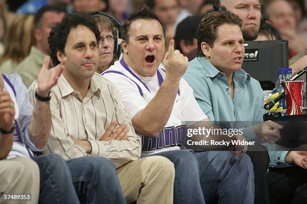 The Sacramento Kings owners , George, Gavin and Joe Maloof sit courtside as their team takes on the San Antonio Spurs in game three of the Western...