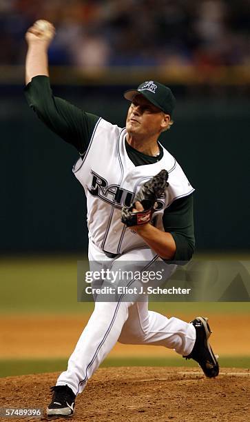 Pitcher Tyler Walker of the Tampa Bay Devil Rays throws a pitch to finish off the Boston Red Sox 5-2 on April 28, 2006 at Tropicana Field in St....