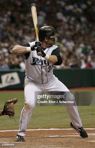 Jonny Gomes of the Tampa Bay Devil Rays bats against the Boston Red Sox April 28, 2006 at Tropicana Field in St. Petersburg, Florida.