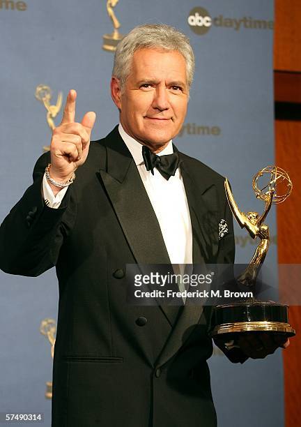 Alex Trebek, winner of Outstanding Game Show Host for "Jeopardy!" poses in the press room at the 33rd Annual Daytime Emmy Awards held at the Kodak...