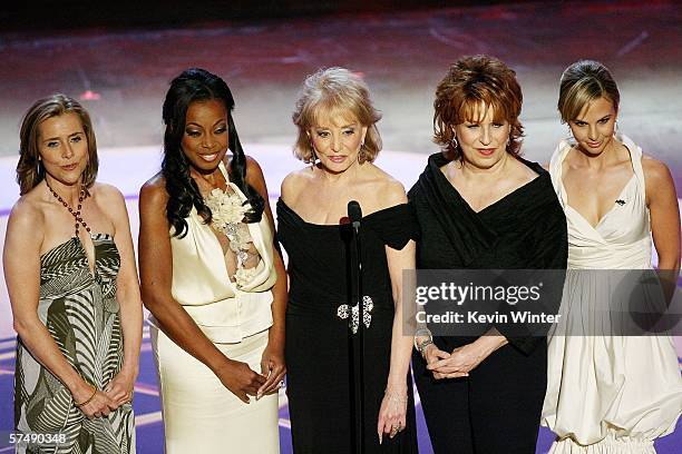 Television personalities Meredith Vieira, Star Jones, Barbara Walters, Joy Behar and Elisabeth Hasselbeck of "The View" speak onstage during the 33rd...