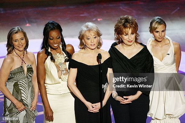 Television personalities Meredith Vieira, Star Jones, Barbara Walters, Joy Behar and Elisabeth Hasselbeck of "The View" speak onstage during the 33rd...