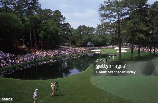 An aerial view of the 16th hole at The Masters Tournament at the Augusta National Golf Club in Augusta, Georgia. NOTE TO USER: It is expressly...